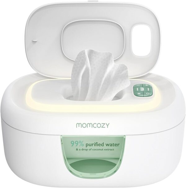 Momcozy Aquecedor de lenços de bebê, design inovador de mola, dispensador de lenços de grande capacidade, aquecimento rápido e uniforme, 4 modos de controle de aquecimento de temperatura, aquecedor de