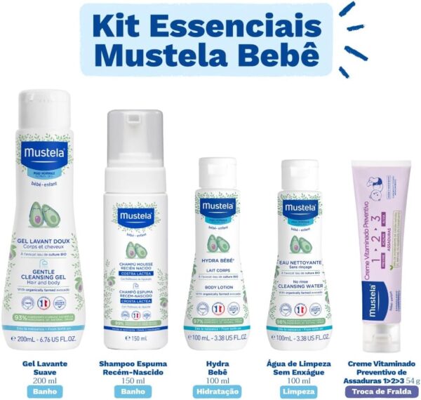 Mustela Kit Essenciais Bebê e Criança - Gel Lavante 200ml + Shampoo Recém-Nascido 150ml + Hydra Bebê 100ml + Água de Limpeza 100ml + Creme Vitaminado Preventivo De Assaduras 54g - Edição limitada - Image 3