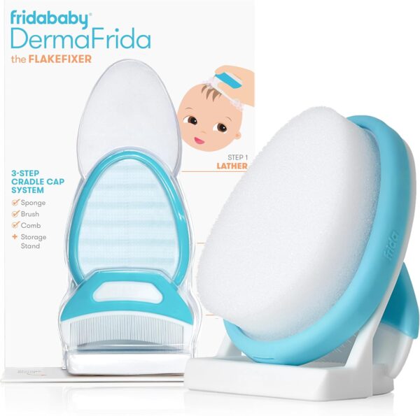 Frida Baby O sistema de tampa de berço de 3 passos, DermaFrida The FlakeFixer, esponja, escova, pente e suporte de armazenamento para bebês com tampa de berço, branco-azul