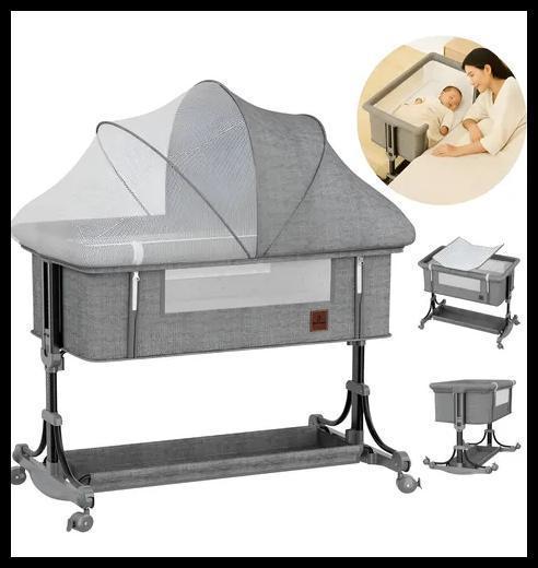 Berço Portátil Bebê Moises Função Balanço Mosquiteiro Cinza