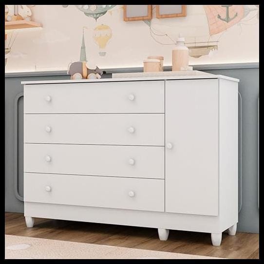 Cômoda Infantil 4 Gavetas com Fraldário Taís Branco Brilho Carolina Baby