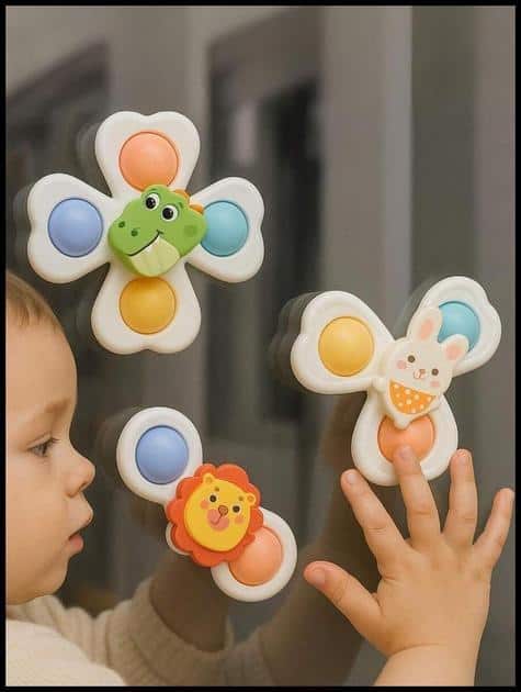 KIT 3 Baby Spinner Sortido Brinquedo Sensorial Bebe Estímulo Desenvolvimento Infantil Coordenação Brinquedo de Puxar Empurrar Gira Banho para Bebes Sensorial