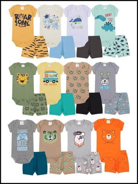 Kit 10 Peças de Roupas Infantil Bebê Menino Masculino 5 Body +5 Tapa Fralda/Shorts
