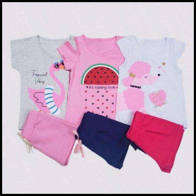 Kit 4 peças de Roupas sortidas infantil Menina 2 Camisetas mais 2 Bermudas Verão