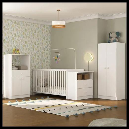 Quarto de Bebê Infantil com Armário Berço-Cômoda e Colchão Incluso Olívia Multimóveis Branco