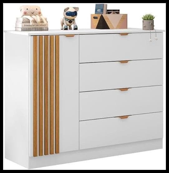 Cômoda Infantil Bebê Ayla 4 Gavetas 1 Porta Branco Acetinado - Phoenix Baby