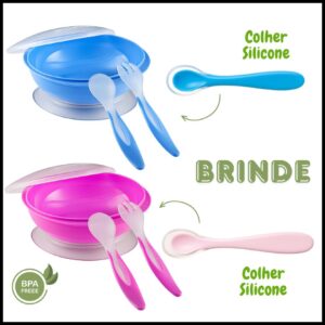 Kit Refeição Infantil Prato Com Ventosa + Tampa + Talheres + Colher com Ponta De Silicone