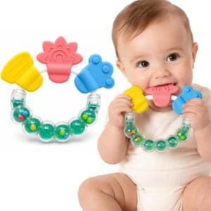 Brinquedo Mordedor Sensorial – Argola Colorida Chocalho para Dentição com Texturas e Sons para Bebês