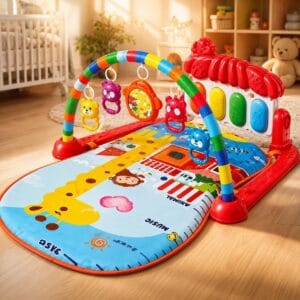 Tapete de Atividades Musical para Bebês com Piano Sonoro Removível, Arco com Brinquedos Suspensos, Estímulos Sensoriais, Desenvolvimento
