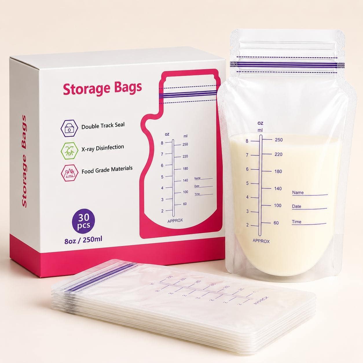 Saco Coletor de Leite Materno 250ml com Duplo Selo Antivazamento | Pacote com 30un - PREMIUM