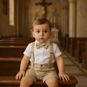 Conjunto Social Menino Batizado Camisa Bermuda Suspensório