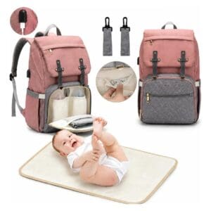 Mochila Bolsa Lequeen Smart Multifuncional Moderna Cor Rosa Com Cinza Bolsa Maternidade Grande 26l Mochila Maternidade Com Trocador Conta