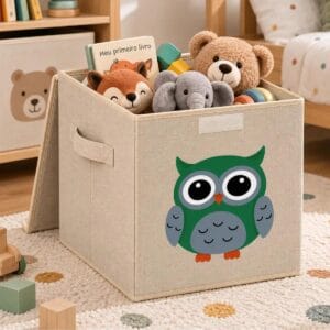 Caixa Organizadora Infantil de Linho para Brinquedos com Tampa – Oky's Coruja