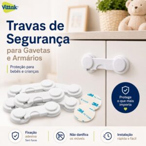 Vittak Kit Trava De Gaveta Armário Porta Segurança Bebê Proteção Criança Com Adesivo – Kit com 2, 5 ou 10 Unidades