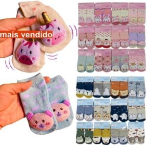 Kit Ate 06 Pares Meia Infantil 3D com Chocalho de Bichinho Fofinha Bebê 0 a 24 meses – Menino e Menina