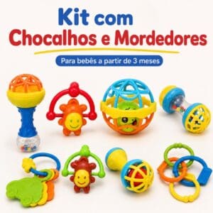 Kit Chocalhos e Mordedor Bebê Brinquedo Infantil Estímulo Sensorial e Diversão
