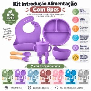 Kit Introdução Alimentar Bebê 8 Peças Silicone Prato Ventosa Babador Copo Bowl Talheres