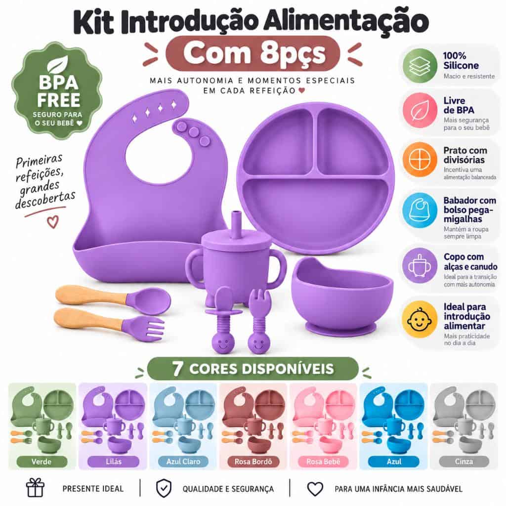 Kit Introdução Alimentar Bebê 8 Peças Silicone Prato Ventosa Babador Copo Bowl Talheres