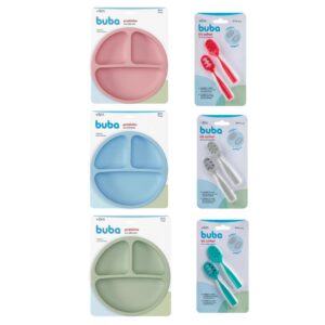 Kit prato com ventosa silicone buba + colher buba introdução alimentar