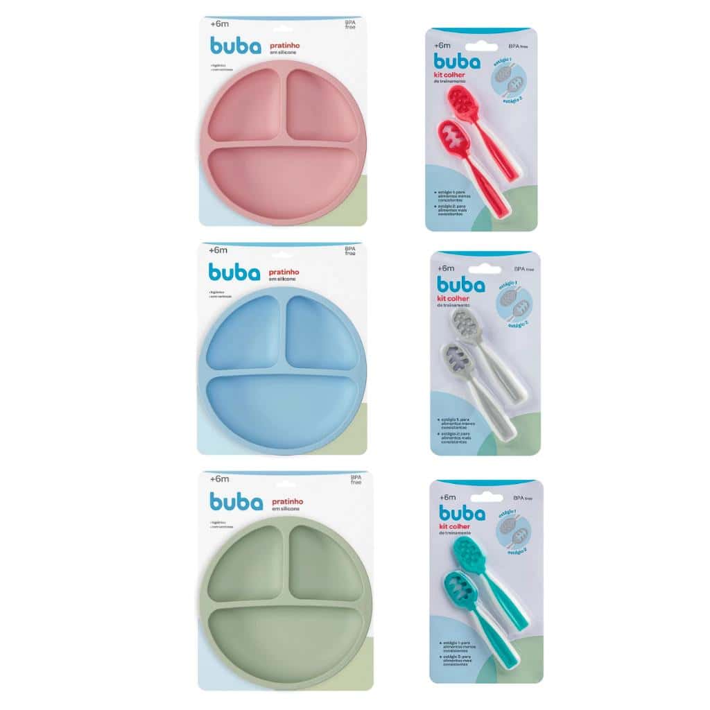 Kit prato com ventosa silicone buba + colher buba introdução alimentar