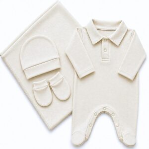Saida Maternidade Basica 4 Peças Roupa De Bebe Algodão Macação Manta Touca Luva