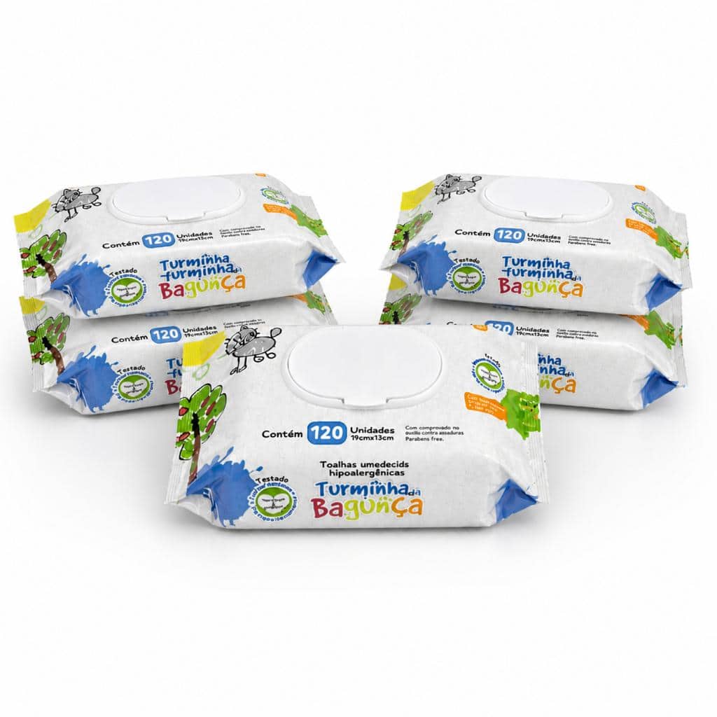 Kit 5 Toalhas Umedecidas Turminha da Bagunça 120 Folhas Lenço Umedecido Vegano Hipoalergênico Sem Álcool e 98% Água