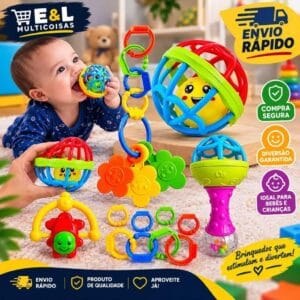Kit 8 Brinquedos para Bebê Chocalho Mordedor de Silicone Macio Bola Colorida Móbile Infantil Menino Menina Educativo.>